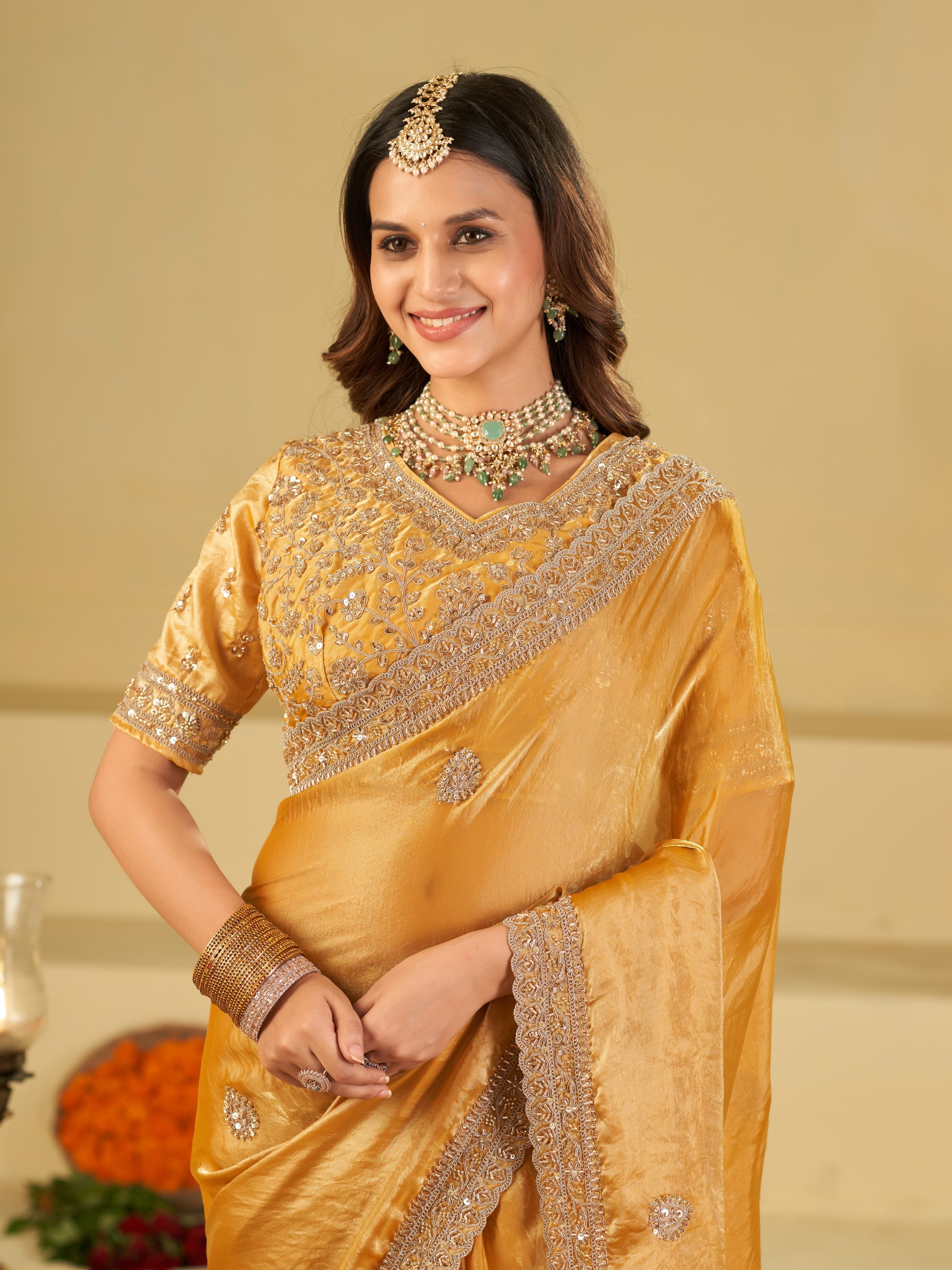 Mustard Yellow Designer Fendy Satin Saree with Heavy Embroidered Blouse & Sequin Border | Premium Festive Wedding Wear Saree