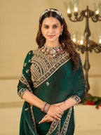 Emerald Green Designer Fendy Satin Saree with Heavy Embroidered Blouse & Sequin Border | Premium Wedding & Festive Wear Saree