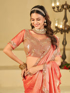 Peach Dual Tone Designer Fendy Satin Saree with Heavy Embroidered Blouse & Sequin Border | Premium Wedding Party Wear Saree