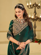 Emerald Green Designer Fendy Satin Saree with Heavy Embroidered Blouse & Sequin Border | Premium Wedding & Festive Wear Saree