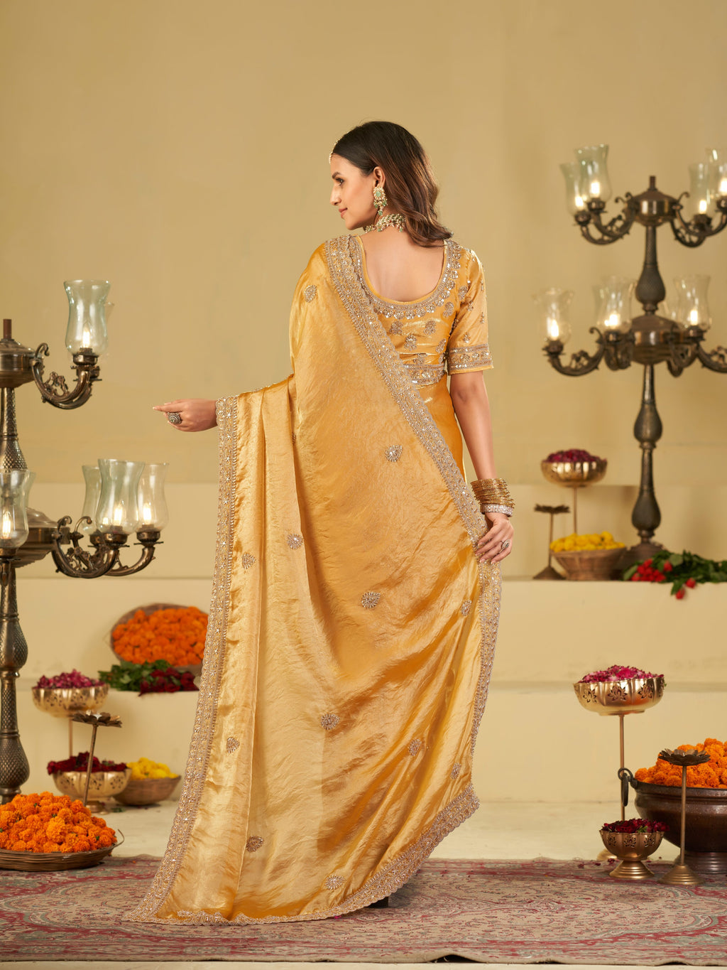 Mustard Yellow Designer Fendy Satin Saree with Heavy Embroidered Blouse & Sequin Border | Premium Festive Wedding Wear Saree