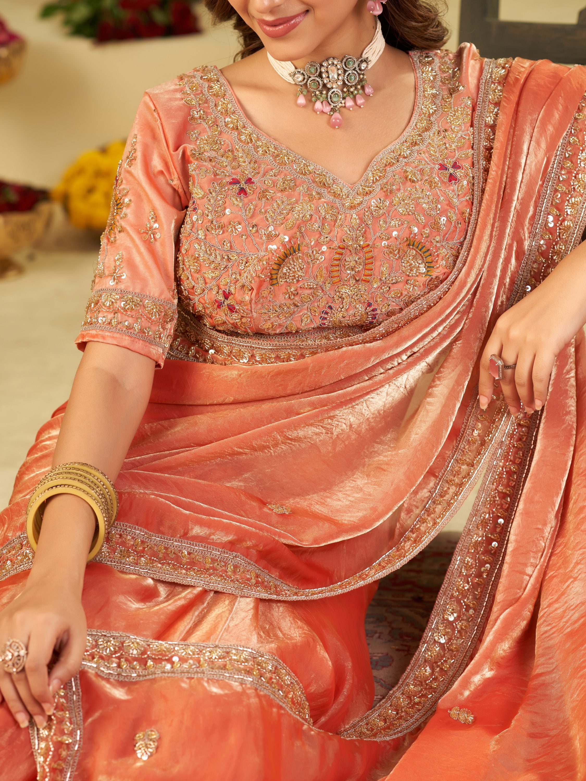 Peach Designer Fendy Satin Saree with Heavy Embroidered Blouse & Stone Work Border | Premium Wedding Party Wear Saree