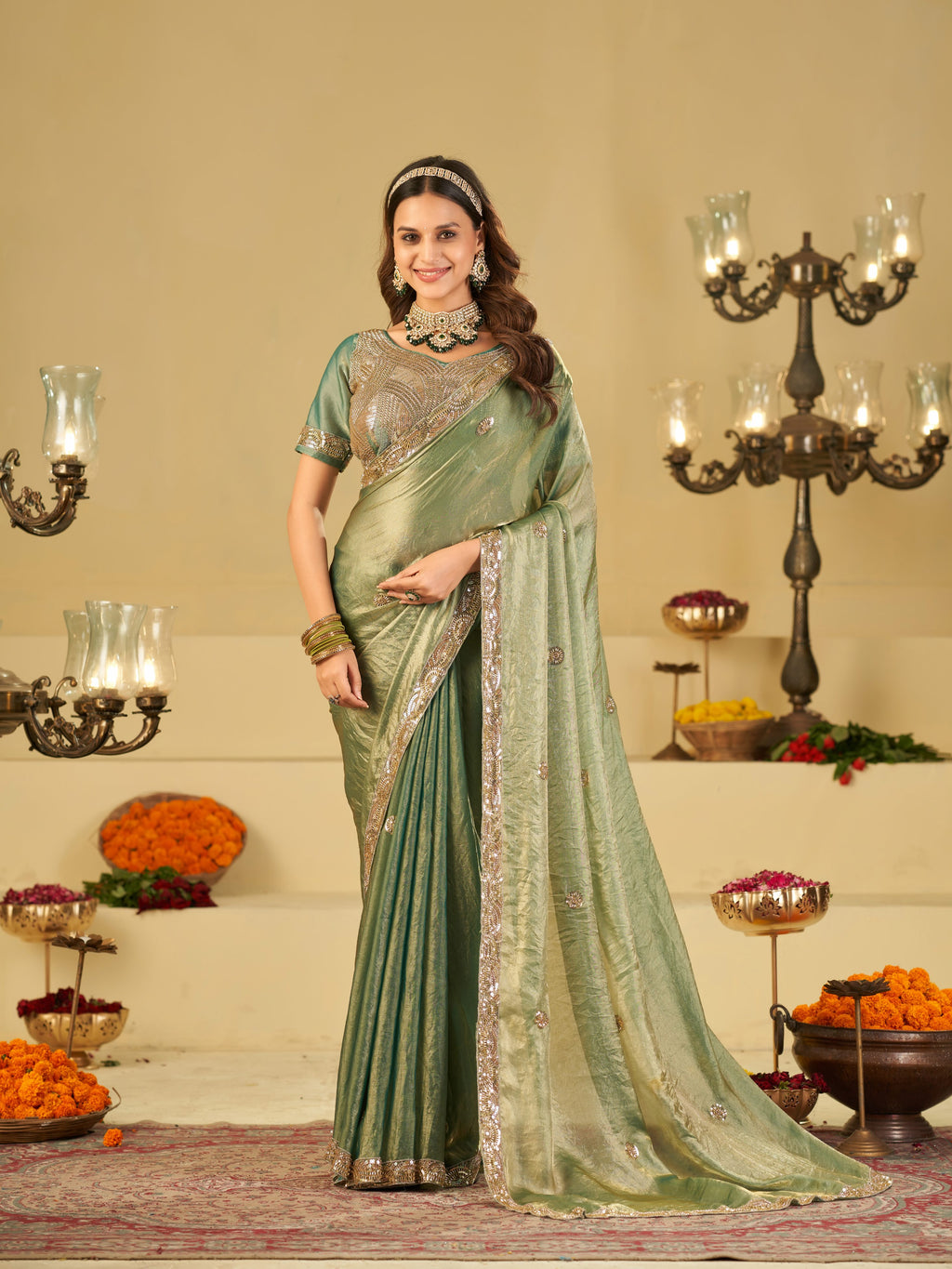 Sage Green Dual Tone Designer Fendy Satin Saree with Heavy Embroidered Blouse & Sequin Border | Premium Wedding Party Wear Saree