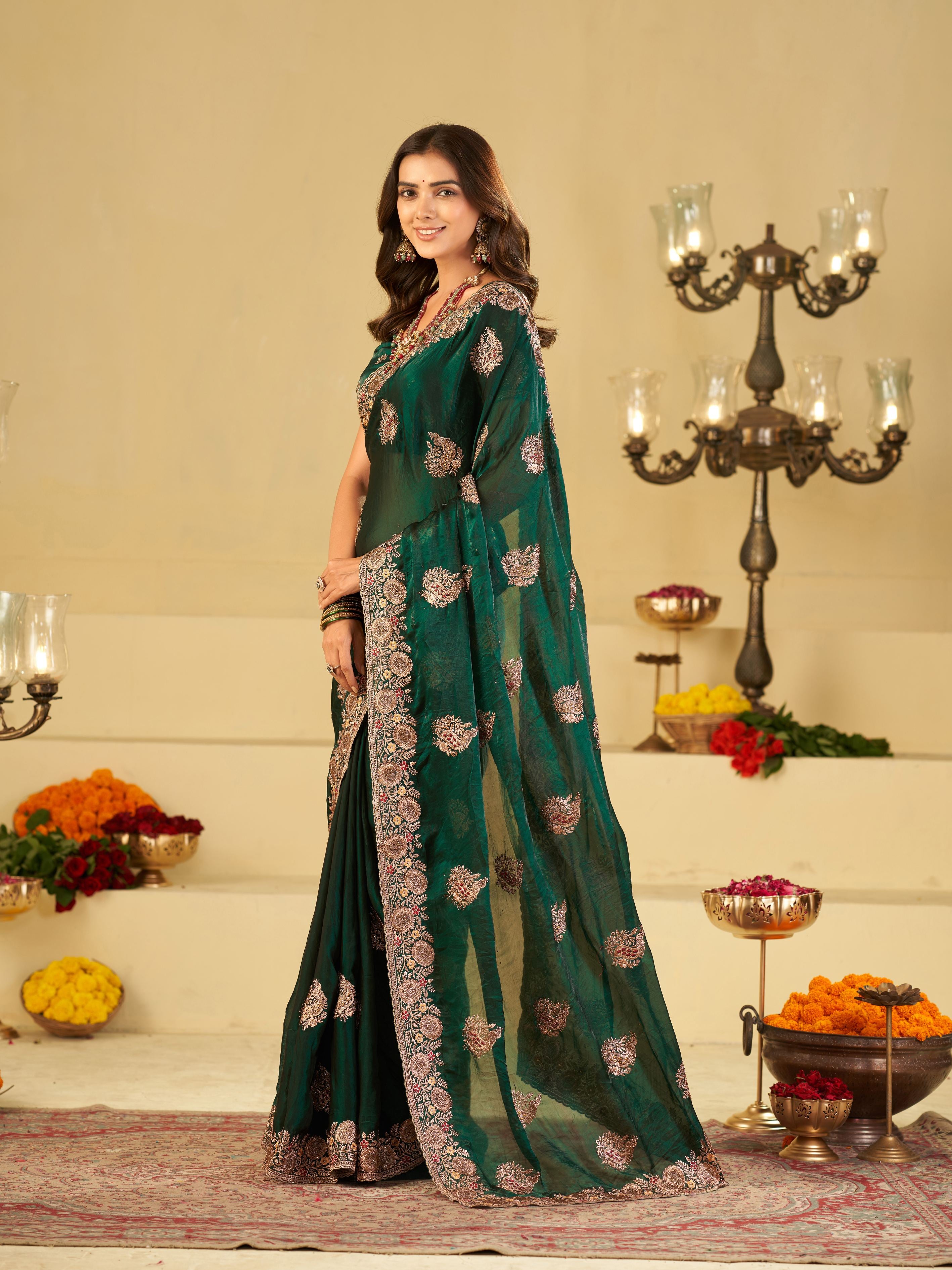 Emerald Green Designer Fendy Satin Saree with Heavy Floral Embroidery Work | Premium Wedding & Party Wear Embroidered Saree with Blouse
