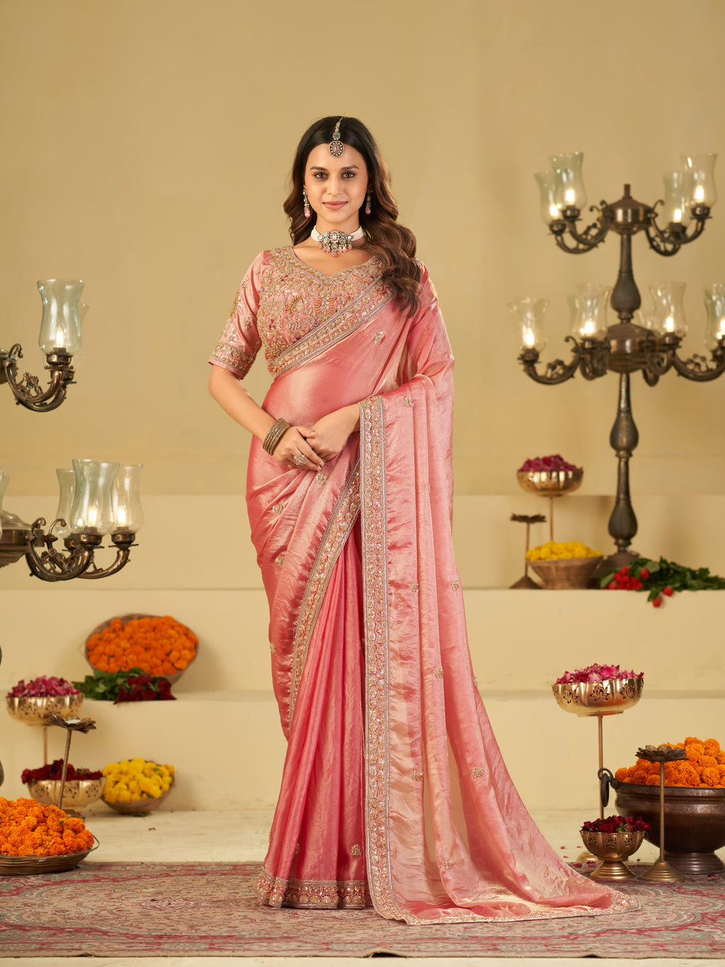 Baby Pink Designer Fendy Satin Saree with Heavy Embroidered Blouse & Zari Border | Premium Wedding Party Wear Saree