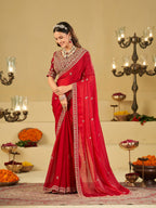 Ruby Red Designer Fendy Satin Saree with Heavy Embroidered Blouse & Zari Border | Premium Wedding & Festive Wear Saree