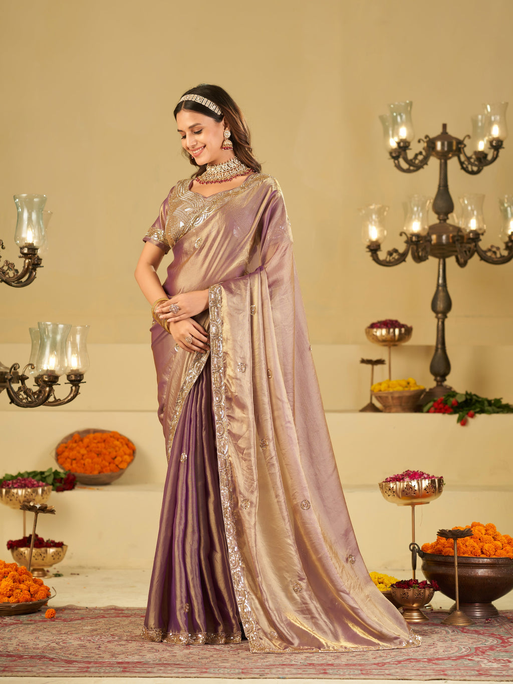 Lavender Dual Tone Designer Fendy Satin Saree with Heavy Embroidered Blouse & Sequin Border | Premium Wedding Party Wear Saree