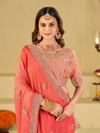 Coral Pink Designer Fendy Satin Saree with Heavy Embroidered Blouse & Sequin Border | Premium Wedding Party Wear Saree