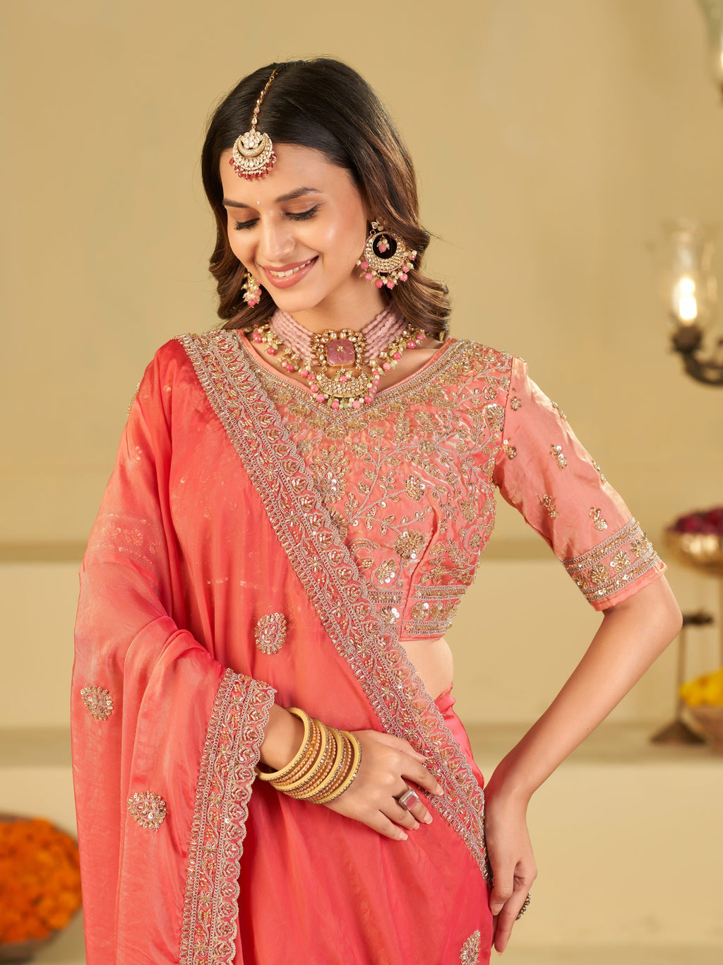 Coral Pink Designer Fendy Satin Saree with Heavy Embroidered Blouse & Sequin Border | Premium Wedding Party Wear Saree