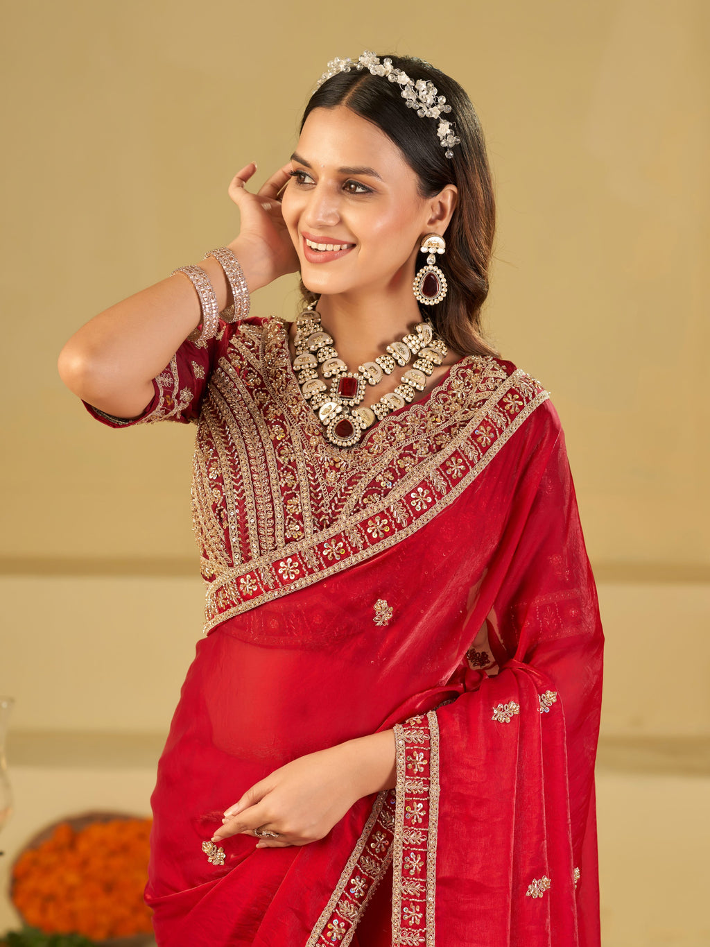 Ruby Red Designer Fendy Satin Saree with Heavy Embroidered Blouse & Zari Border | Premium Wedding & Festive Wear Saree
