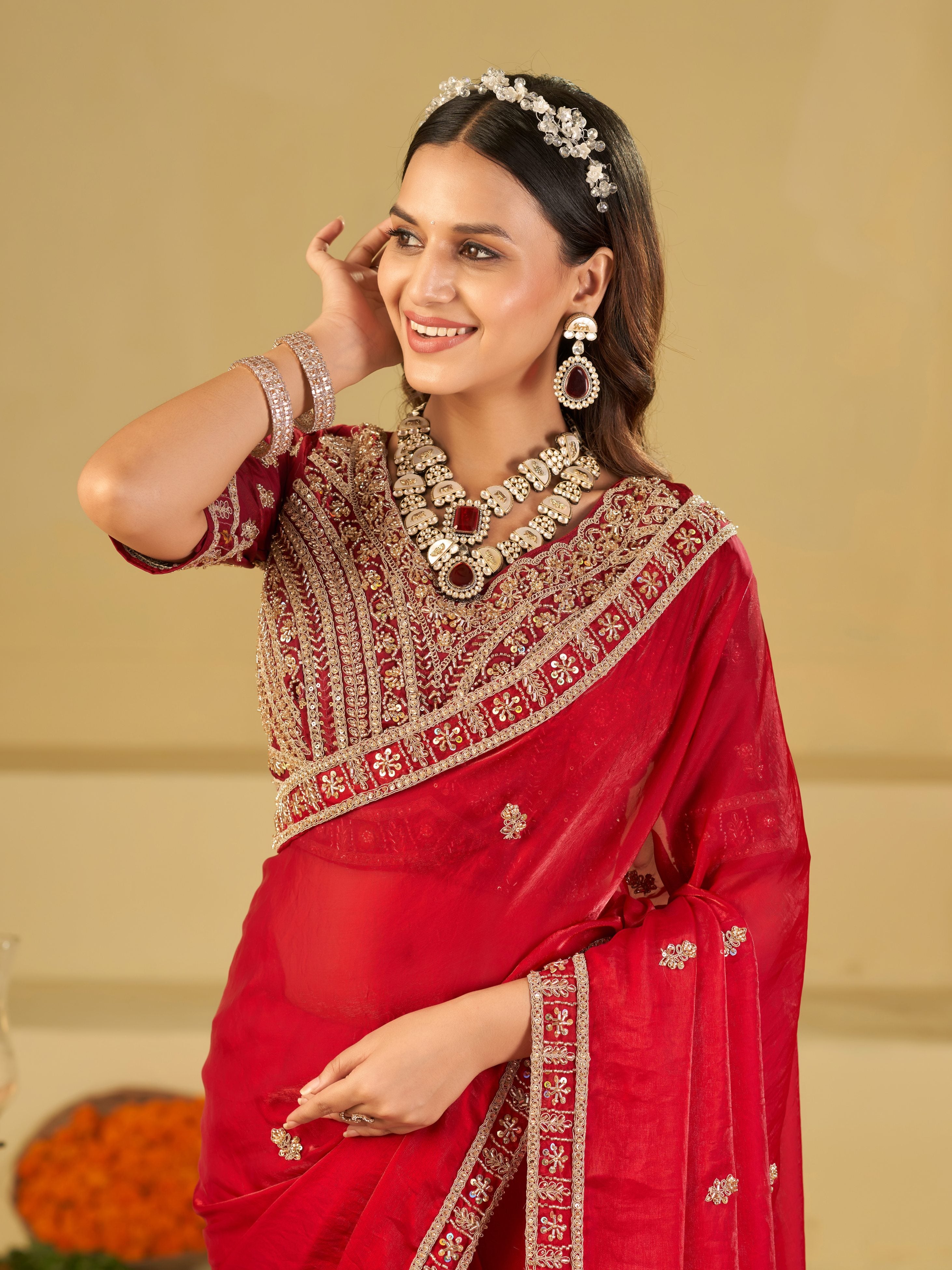 Ruby Red Designer Fendy Satin Saree with Heavy Embroidered Blouse & Zari Border | Premium Wedding & Festive Wear Saree