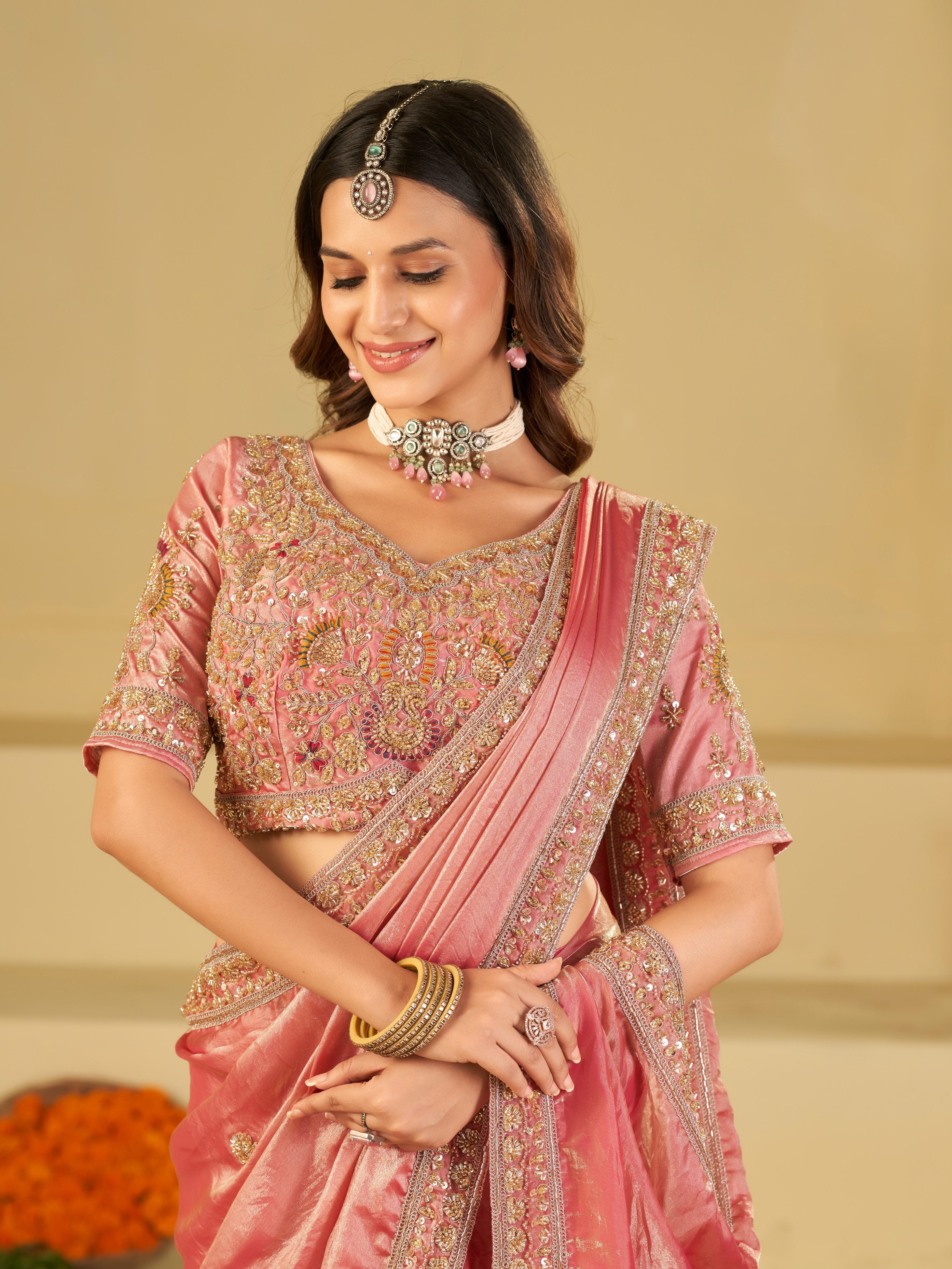 Baby Pink Designer Fendy Satin Saree with Heavy Embroidered Blouse & Zari Border | Premium Wedding Party Wear Saree