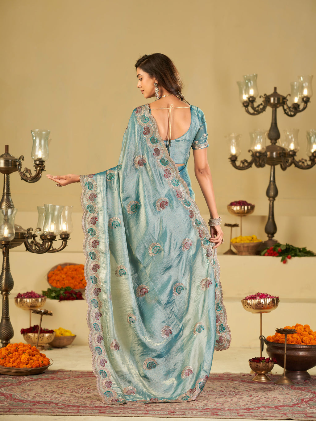 Sky Blue Designer Fendy Satin Saree with Paisley Embroidery & Heavy Embroidered Border | Premium Festive Party Wear Saree