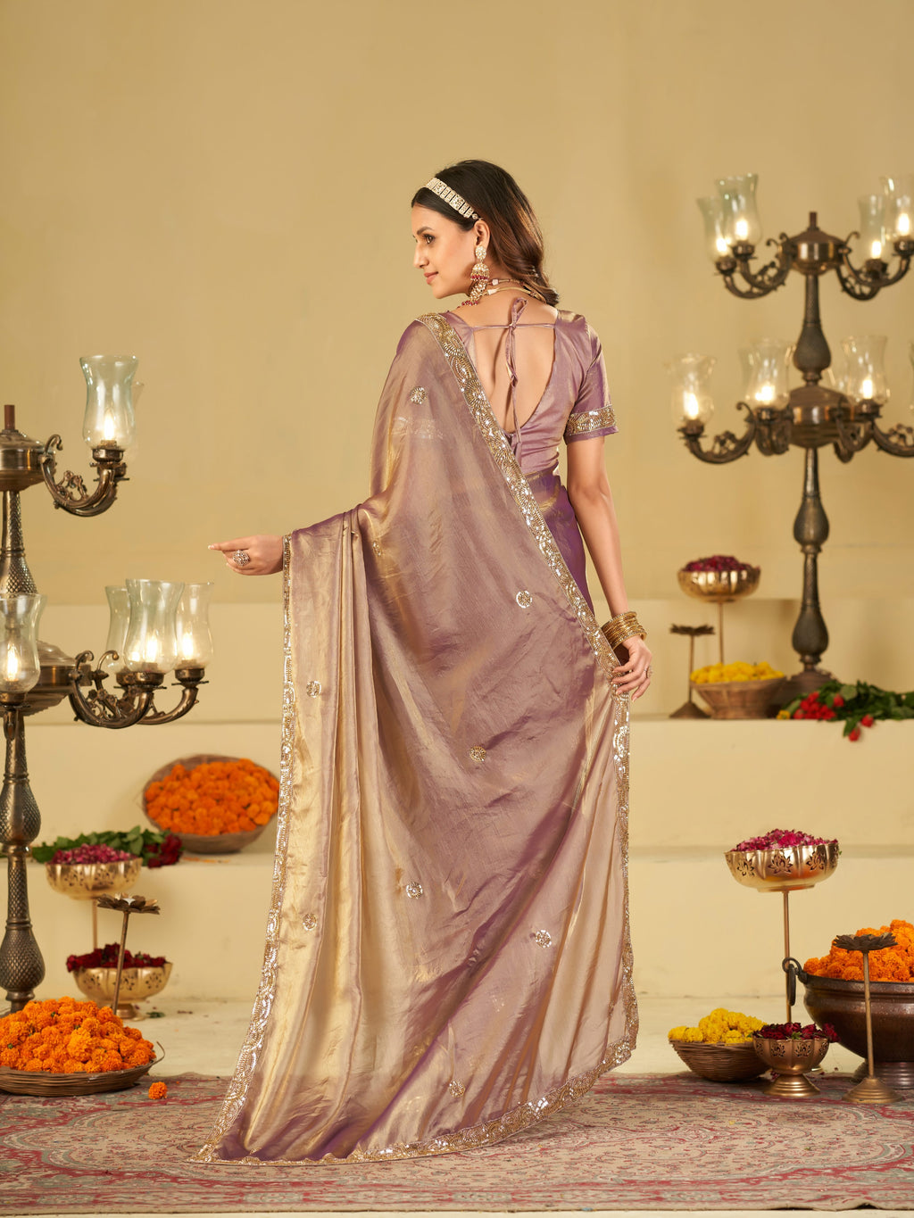 Lavender Dual Tone Designer Fendy Satin Saree with Heavy Embroidered Blouse & Sequin Border | Premium Wedding Party Wear Saree