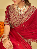 Ruby Red Designer Fendy Satin Saree with Heavy Embroidered Blouse & Zari Border | Premium Wedding & Festive Wear Saree