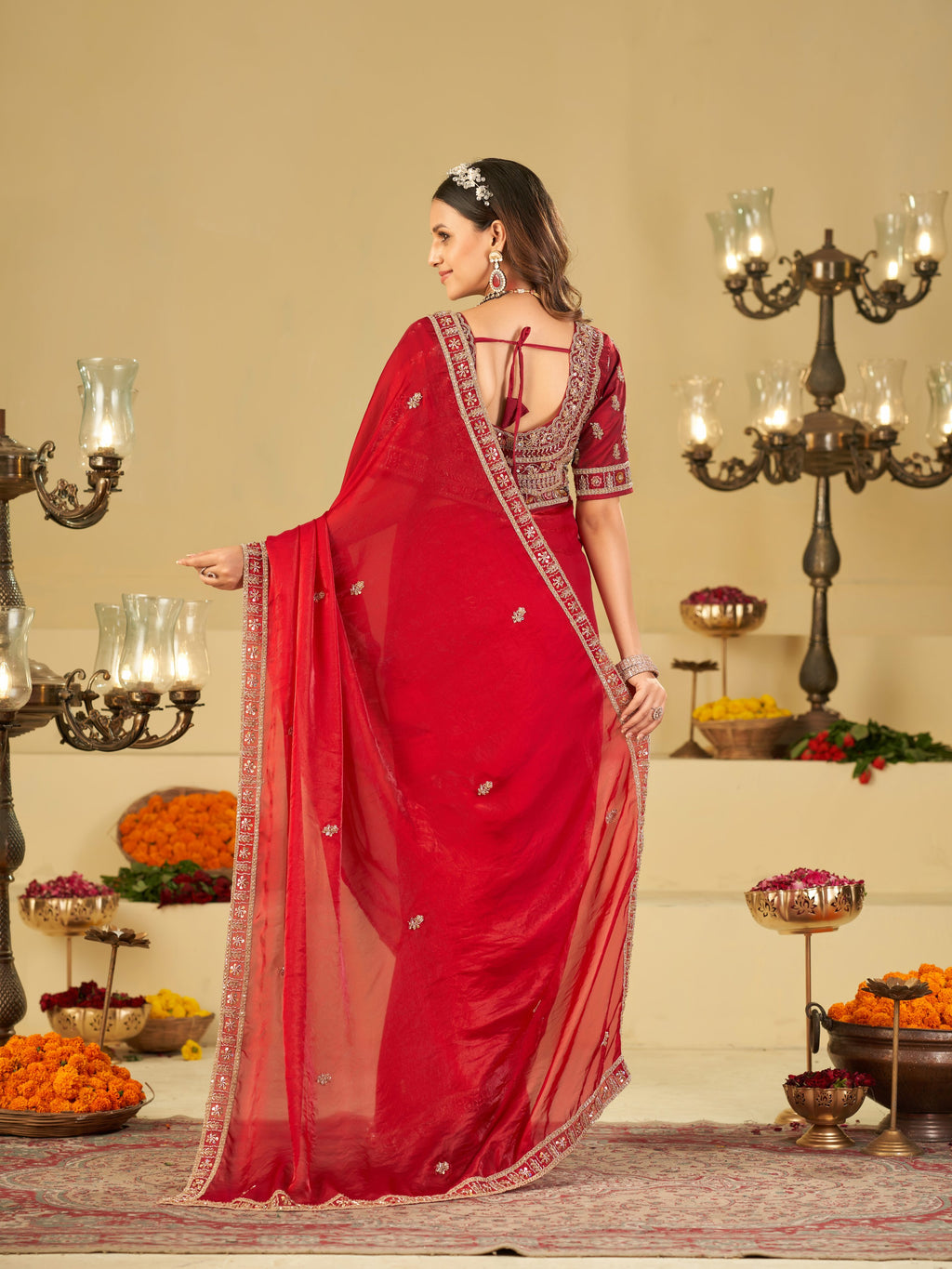 Ruby Red Designer Fendy Satin Saree with Heavy Embroidered Blouse & Zari Border | Premium Wedding & Festive Wear Saree