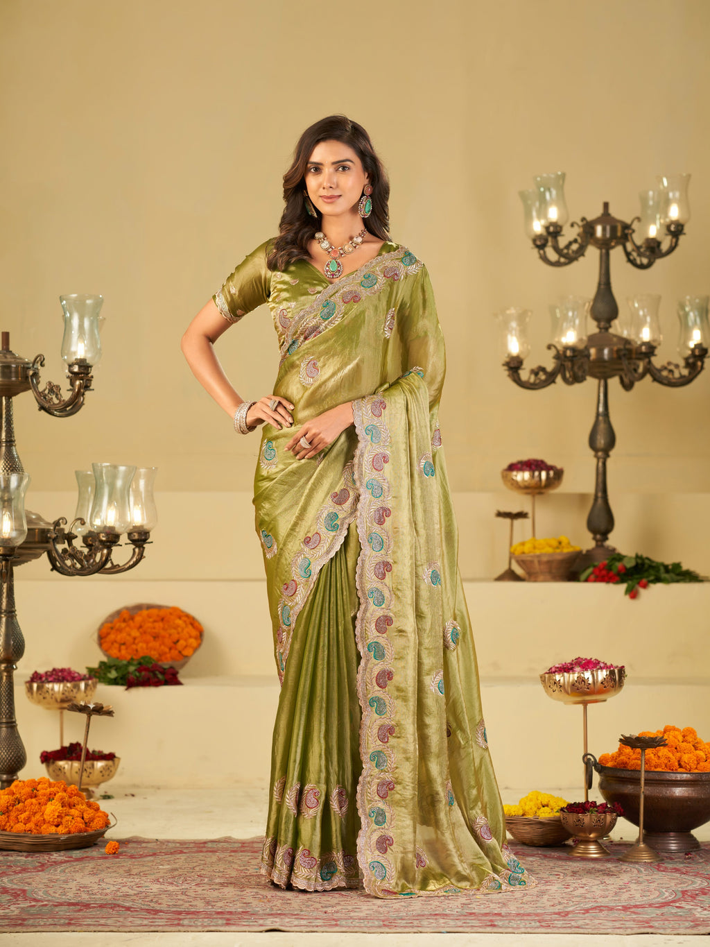 Olive Green Designer Fendy Satin Saree with Multicolor Paisley Embroidery & Scalloped Embroidered Border | Elegant Festive Party Wear Saree
