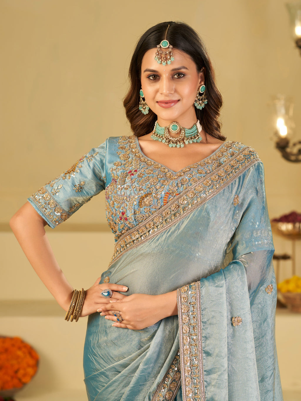 Sky Blue Designer Fendy Satin Saree with Heavy Embroidered Blouse & Stone Work Border | Premium Wedding Party Wear Saree