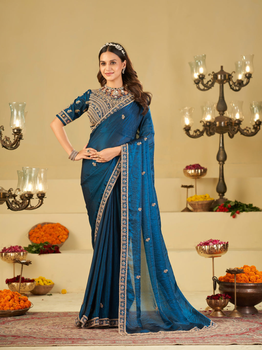 Royal Blue Designer Fendy Satin Saree with Heavy Embroidered Blouse & Zari Border | Premium Wedding & Festive Wear Saree