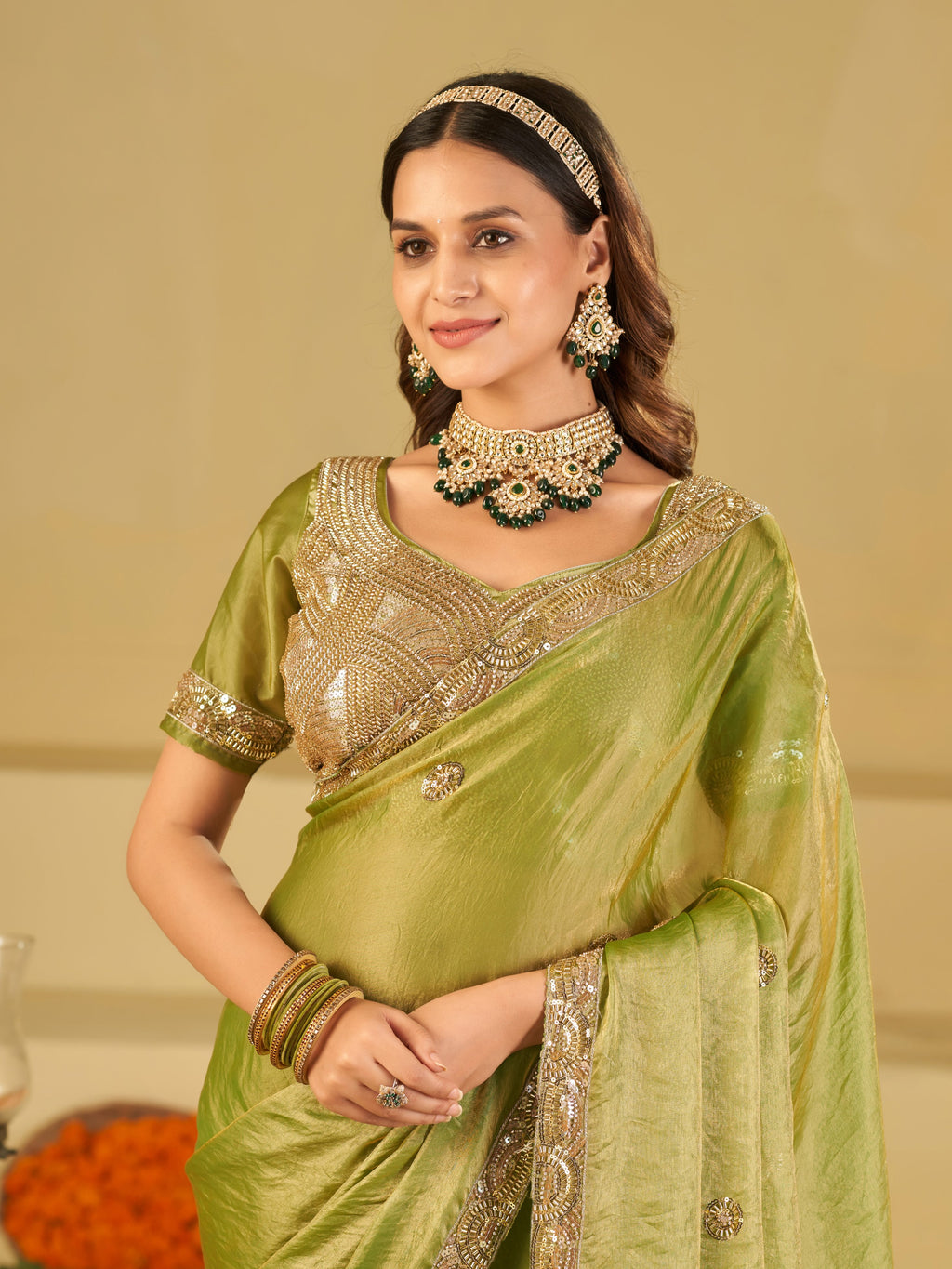 Pista Green Dual Tone Designer Fendy Satin Saree with Heavy Embroidered Blouse & Sequin Border | Premium Wedding Party Wear Saree
