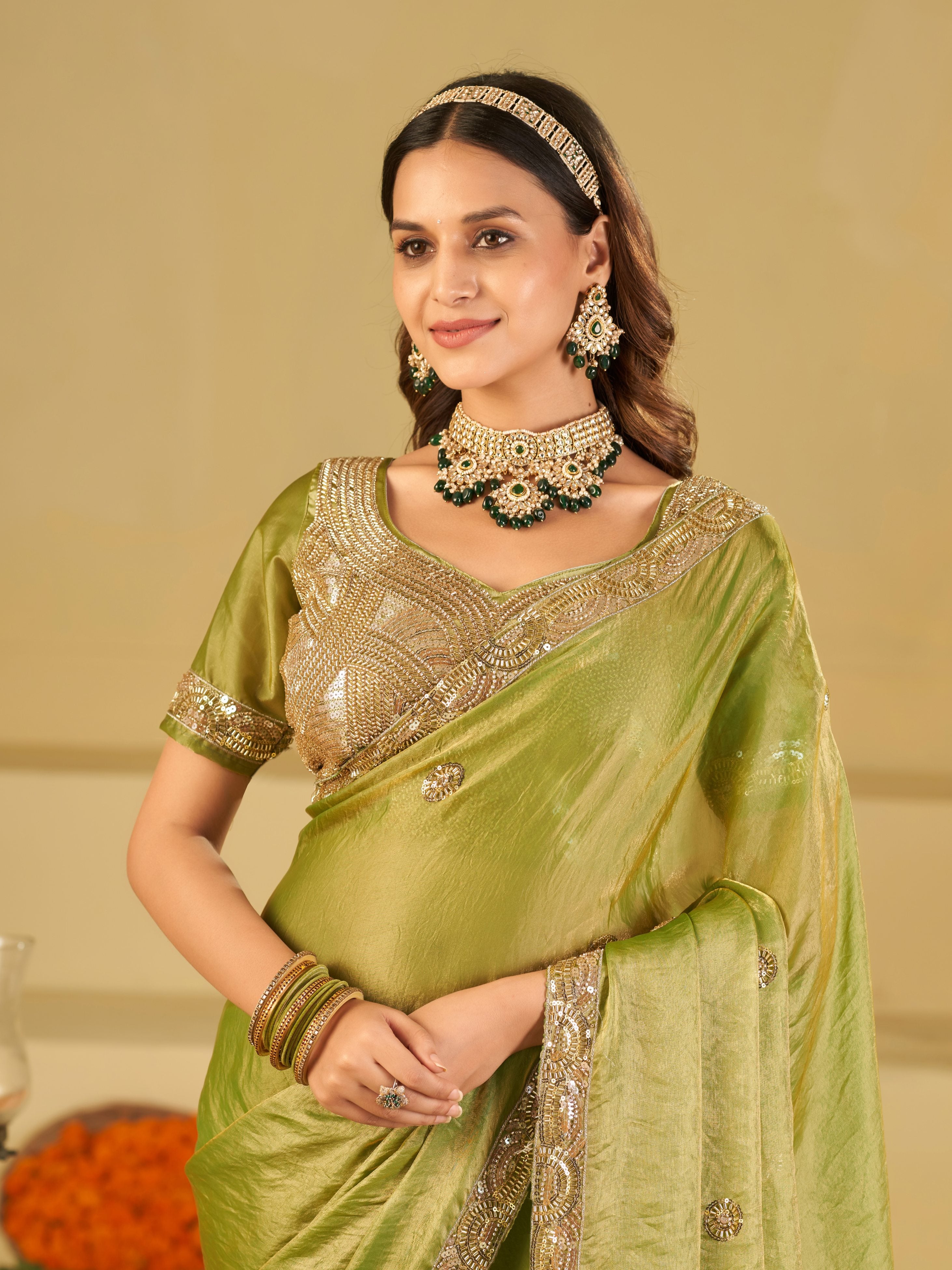Pista Green Dual Tone Designer Fendy Satin Saree with Heavy Embroidered Blouse & Sequin Border | Premium Wedding Party Wear Saree