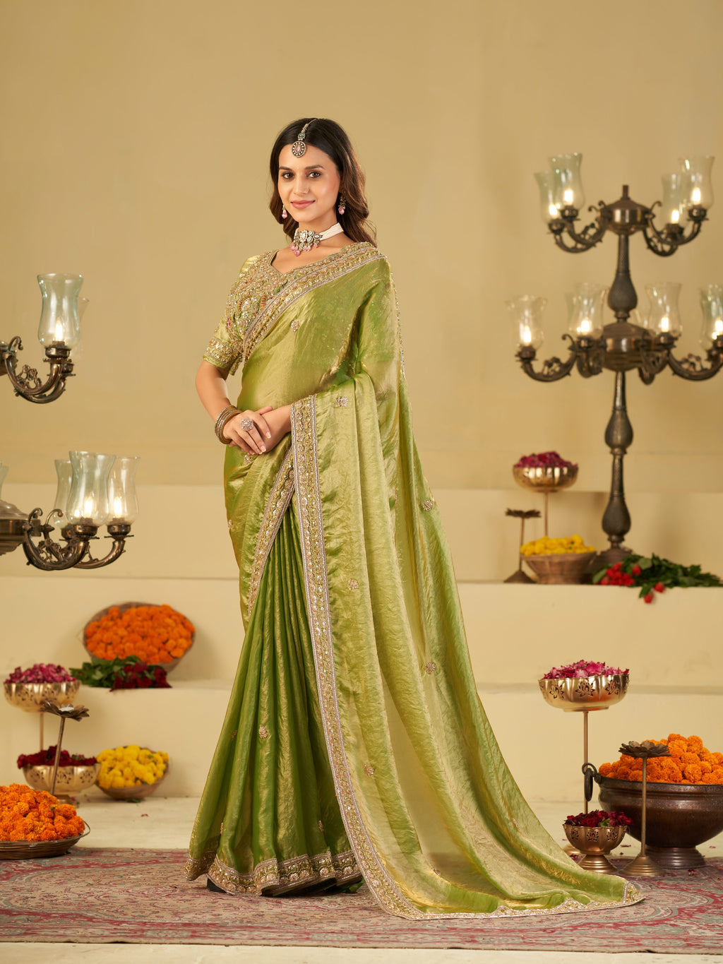 Pista Green Designer Fendy Satin Saree with Heavy Embroidered Blouse & Zari Border | Premium Wedding Party Wear Saree