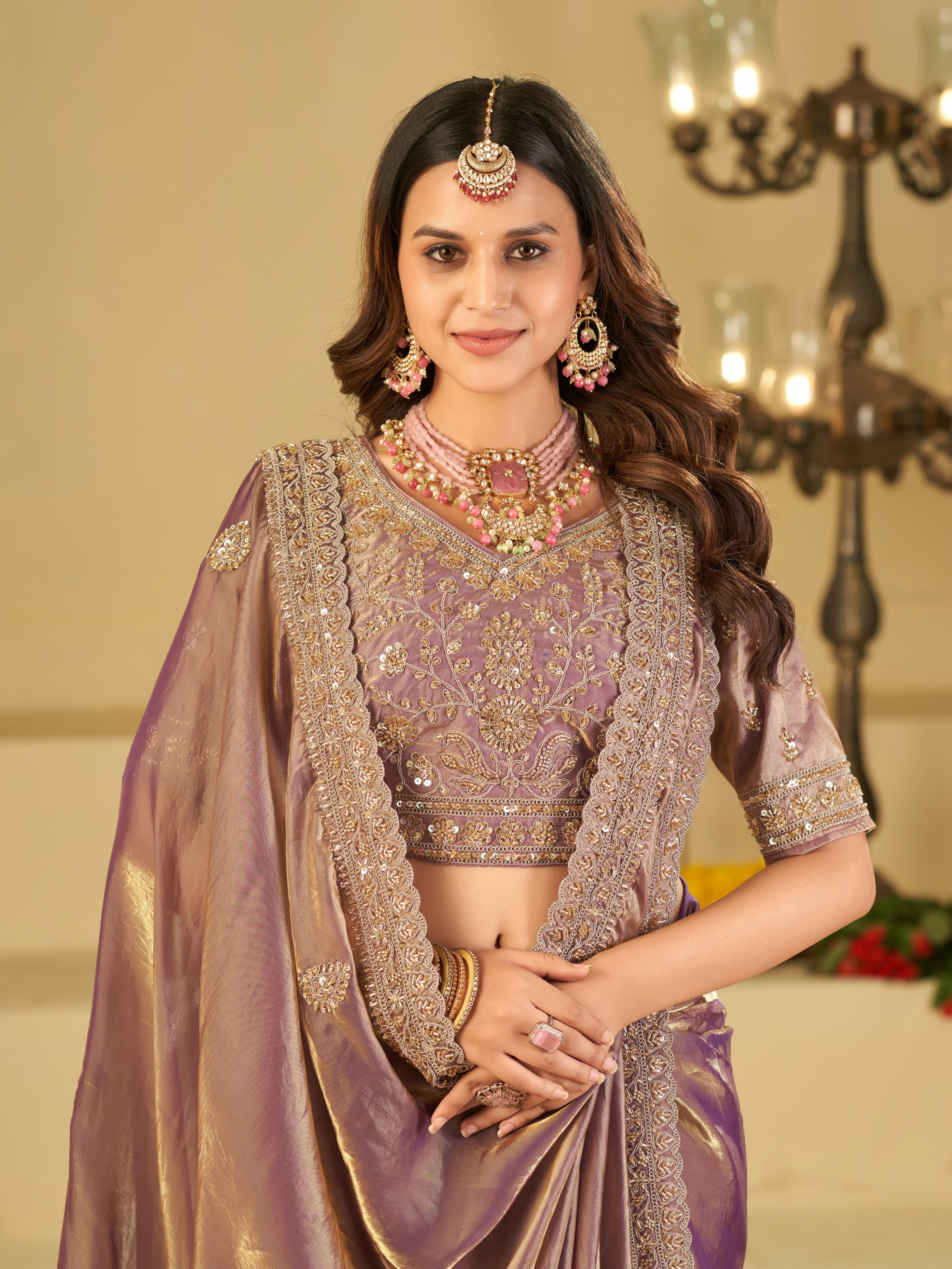 Lavender Purple Designer Fendy Satin Saree with Heavy Embroidered Blouse & Sequin Border | Premium Wedding Party Wear Saree