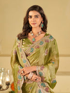 Olive Green Designer Fendy Satin Saree with Multicolor Paisley Embroidery & Scalloped Embroidered Border | Elegant Festive Party Wear Saree