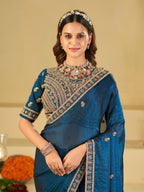 Royal Blue Designer Fendy Satin Saree with Heavy Embroidered Blouse & Zari Border | Premium Wedding & Festive Wear Saree