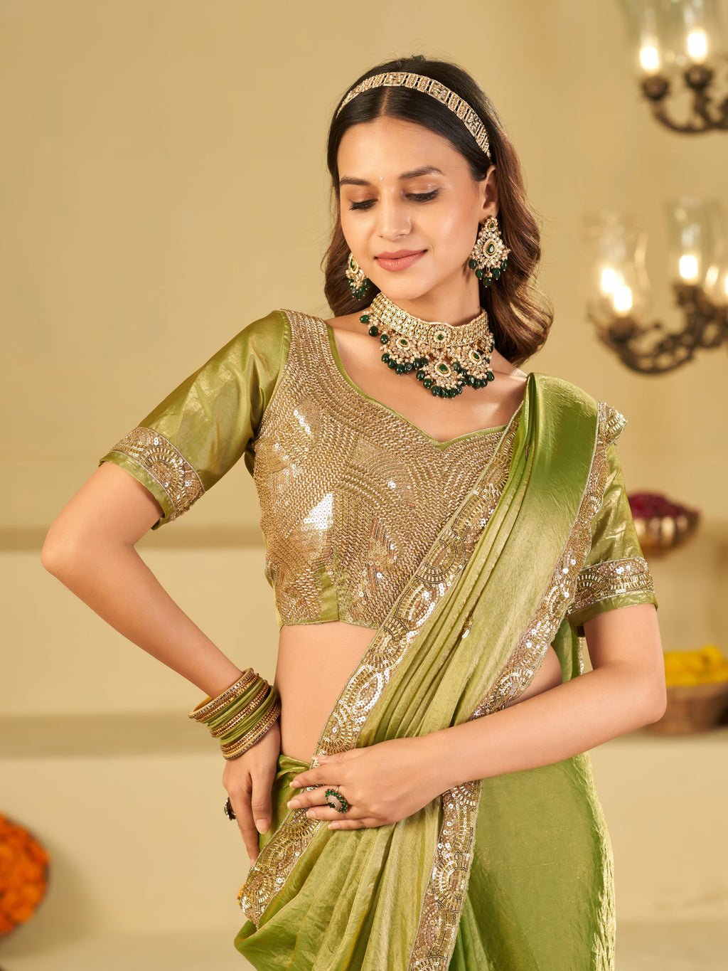 Pista Green Dual Tone Designer Fendy Satin Saree with Heavy Embroidered Blouse & Sequin Border | Premium Wedding Party Wear Saree