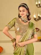 Pista Green Dual Tone Designer Fendy Satin Saree with Heavy Embroidered Blouse & Sequin Border | Premium Wedding Party Wear Saree