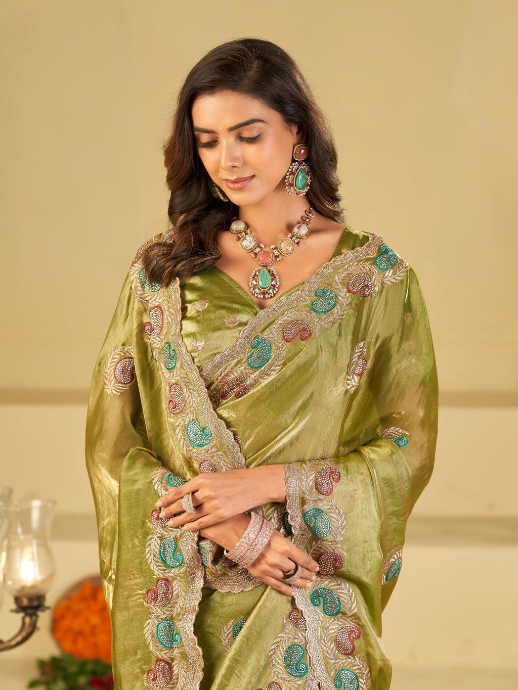 Olive Green Designer Fendy Satin Saree with Multicolor Paisley Embroidery & Scalloped Embroidered Border | Elegant Festive Party Wear Saree