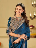 Royal Blue Designer Fendy Satin Saree with Heavy Embroidered Blouse & Zari Border | Premium Wedding & Festive Wear Saree