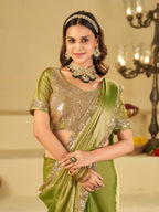 Pista Green Dual Tone Designer Fendy Satin Saree with Heavy Embroidered Blouse & Sequin Border | Premium Wedding Party Wear Saree