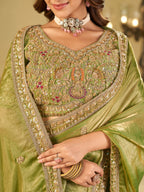 Pista Green Designer Fendy Satin Saree with Heavy Embroidered Blouse & Zari Border | Premium Wedding Party Wear Saree