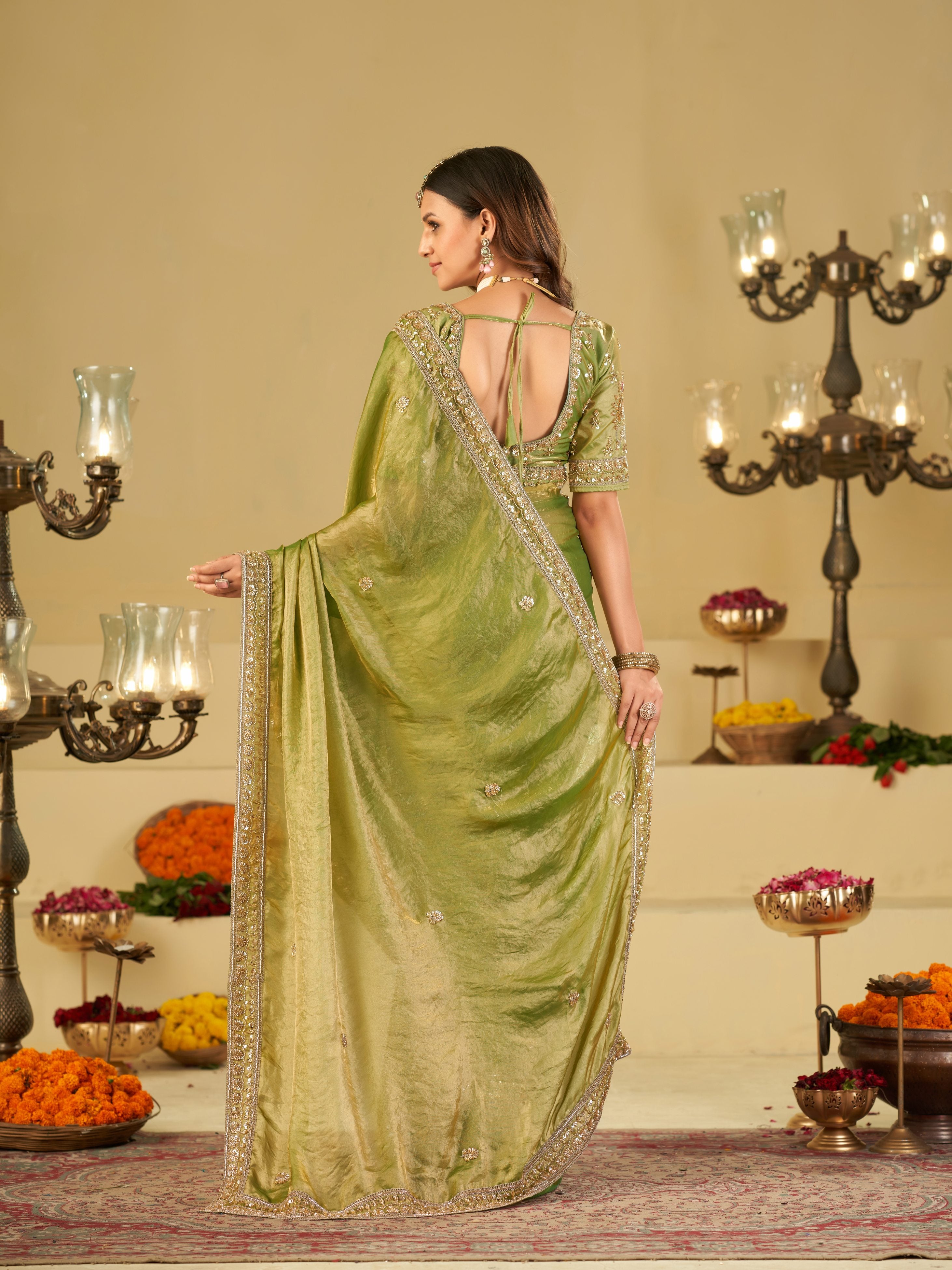 Pista Green Designer Fendy Satin Saree with Heavy Embroidered Blouse & Zari Border | Premium Wedding Party Wear Saree
