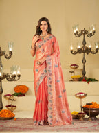 Peach Pink Designer Fendy Satin Saree with Multicolor Paisley Embroidery & Scalloped Embroidered Border | Premium Festive Party Wear Saree