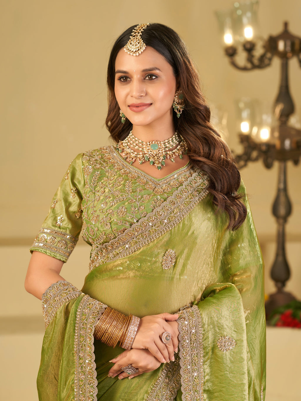 Pista Green Designer Fendy Satin Saree with Heavy Embroidered Blouse & Sequin Border | Premium Wedding Party Wear Saree