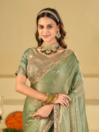 Sage Green Dual Tone Designer Fendy Satin Saree with Heavy Embroidered Blouse & Sequin Border | Premium Wedding Party Wear Saree