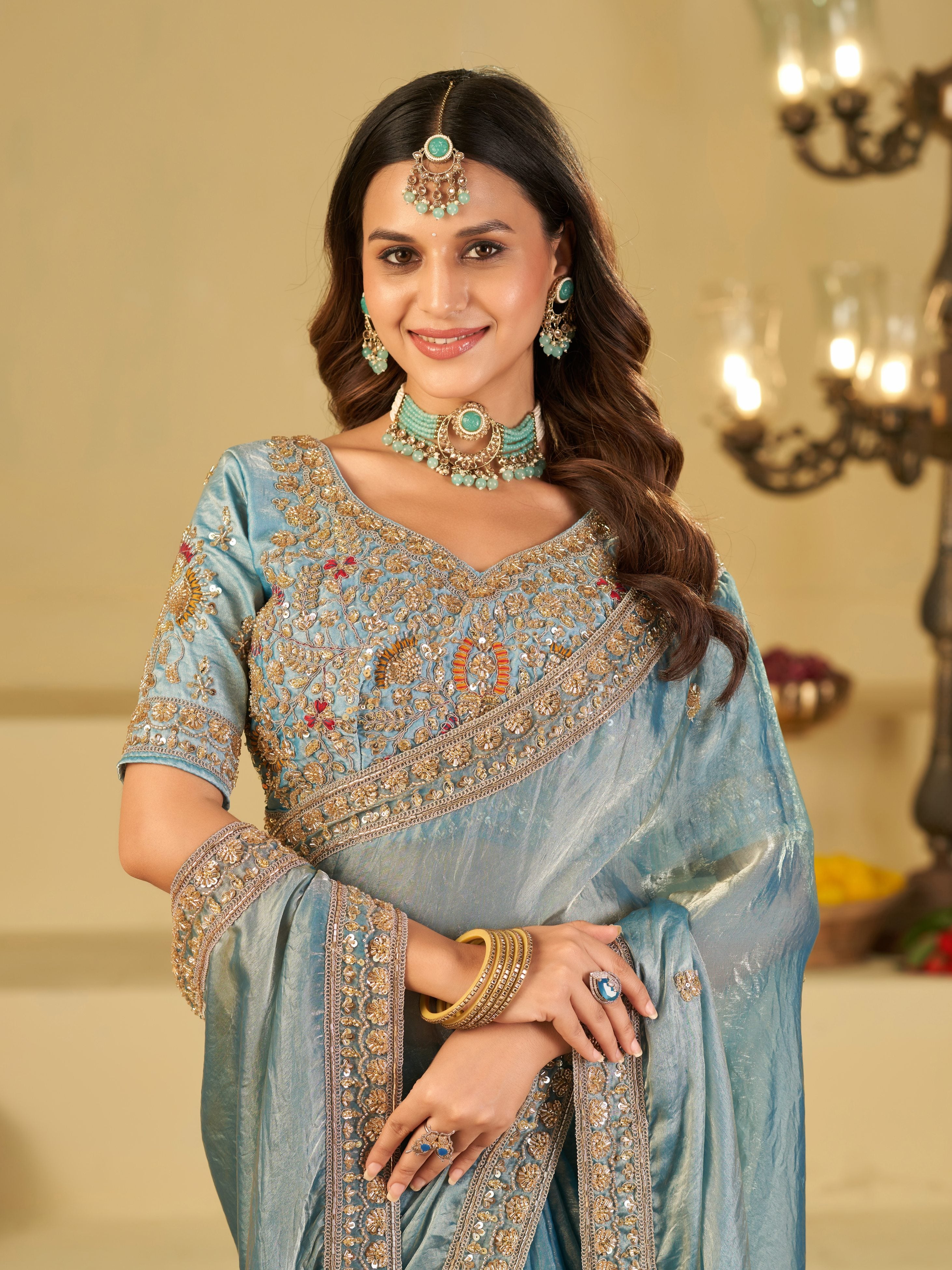 Sky Blue Designer Fendy Satin Saree with Heavy Embroidered Blouse & Stone Work Border | Premium Wedding Party Wear Saree