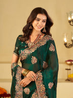 Emerald Green Designer Fendy Satin Saree with Heavy Floral Embroidery Work | Premium Wedding & Party Wear Embroidered Saree with Blouse