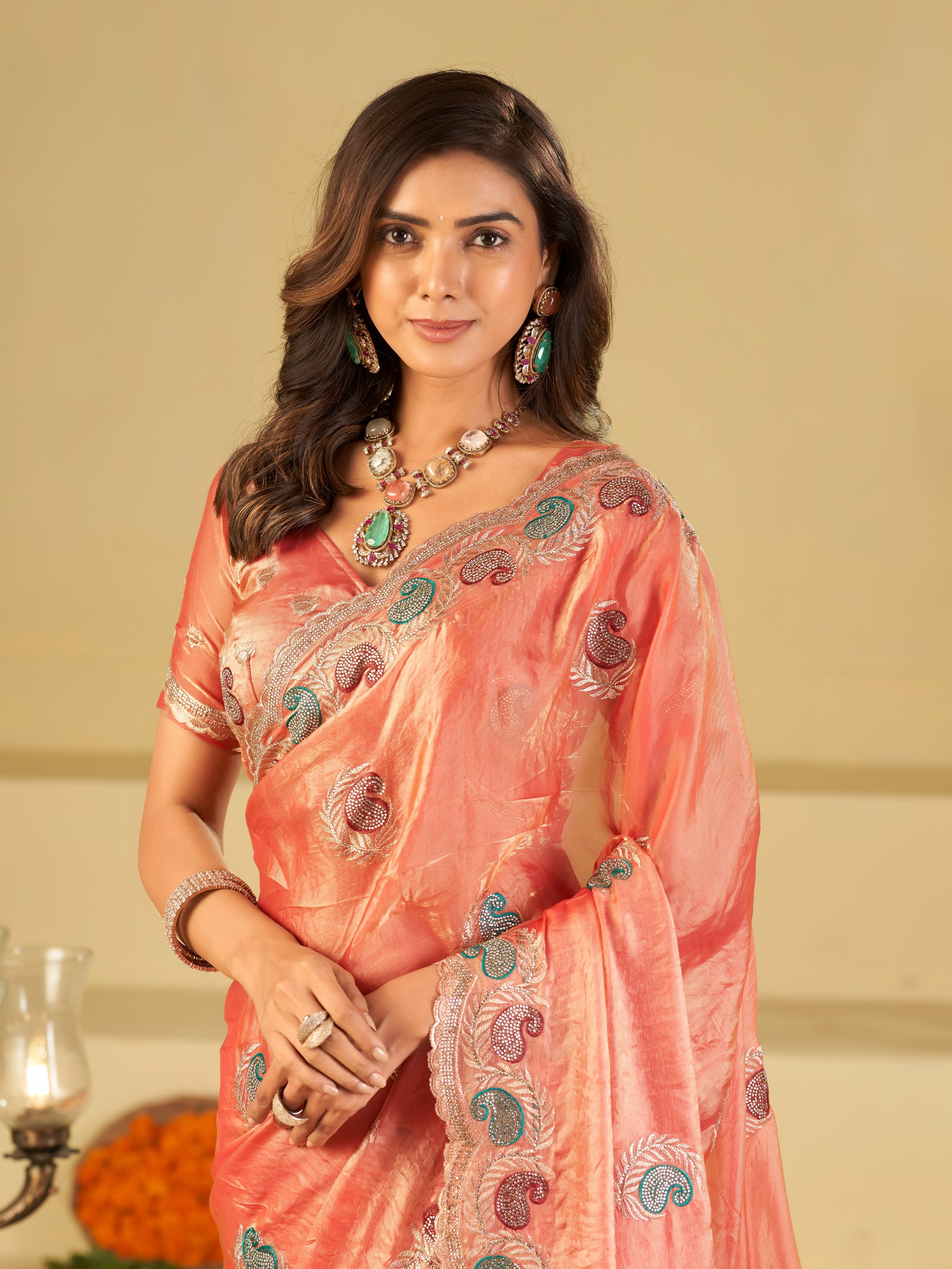 Peach Pink Designer Fendy Satin Saree with Multicolor Paisley Embroidery & Scalloped Embroidered Border | Premium Festive Party Wear Saree