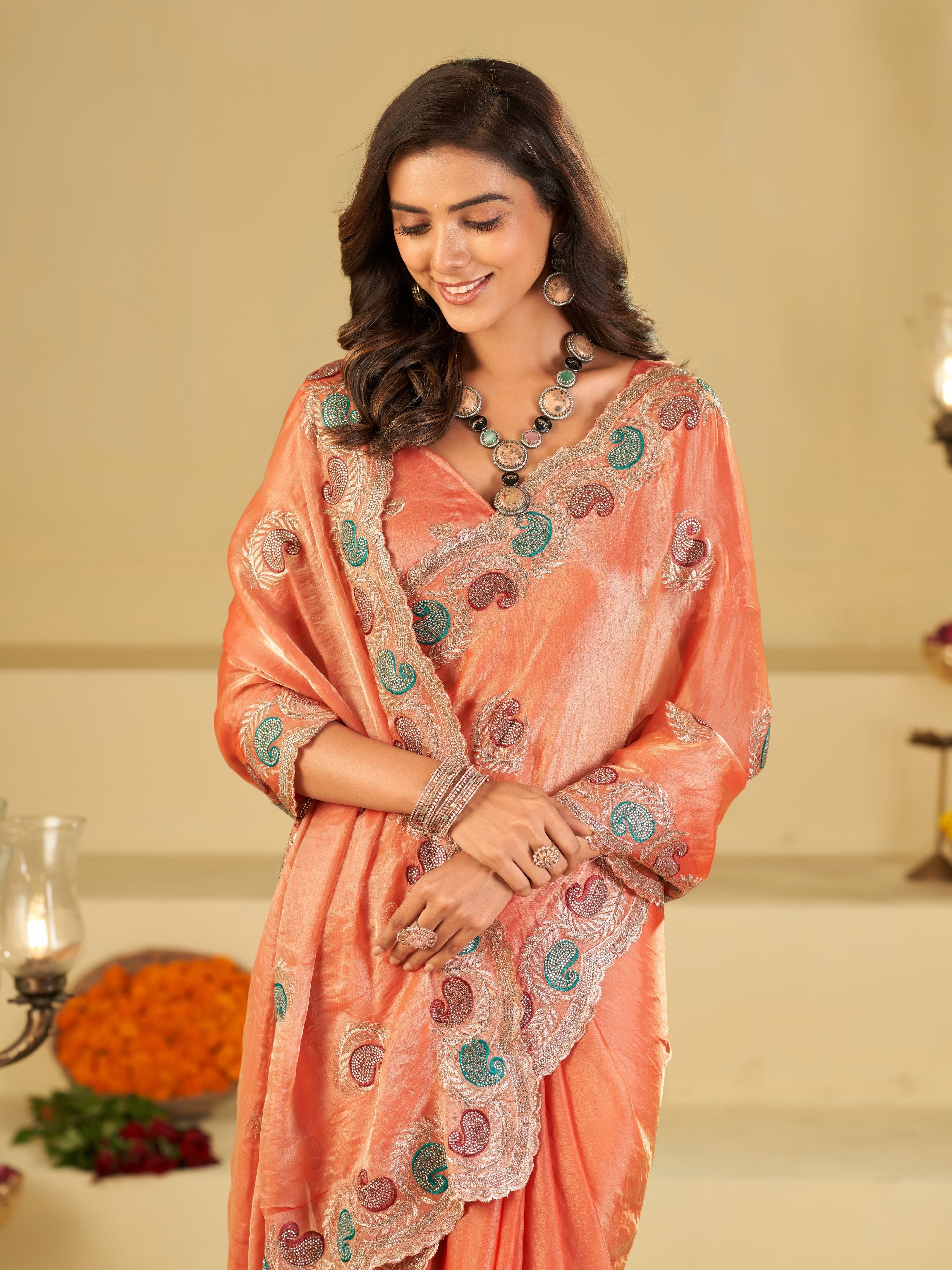 Peach Designer Fendy Satin Saree with Multicolor Paisley Embroidery & Scalloped Embroidered Border | Elegant Festive Party Wear Saree