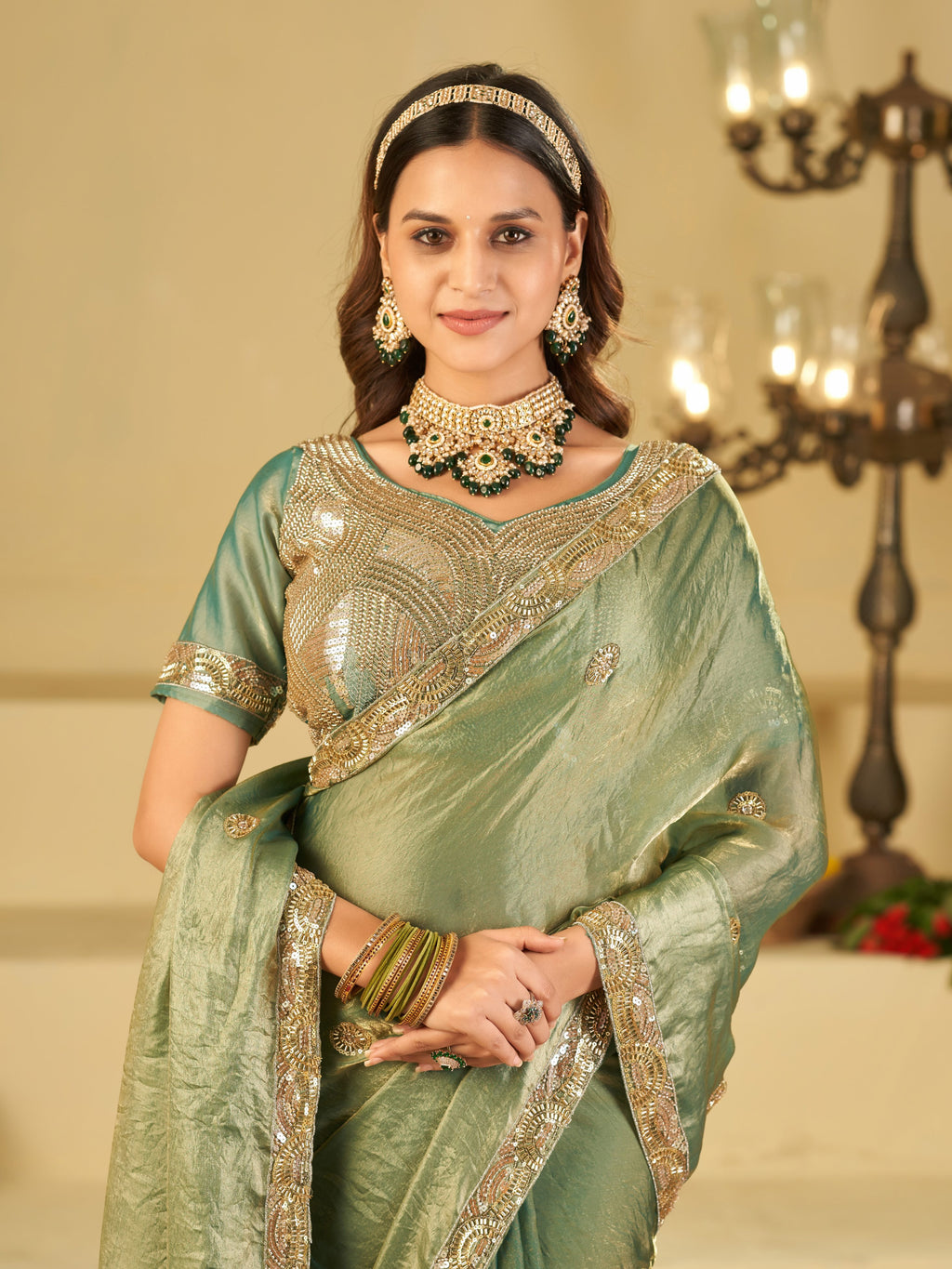 Sage Green Dual Tone Designer Fendy Satin Saree with Heavy Embroidered Blouse & Sequin Border | Premium Wedding Party Wear Saree