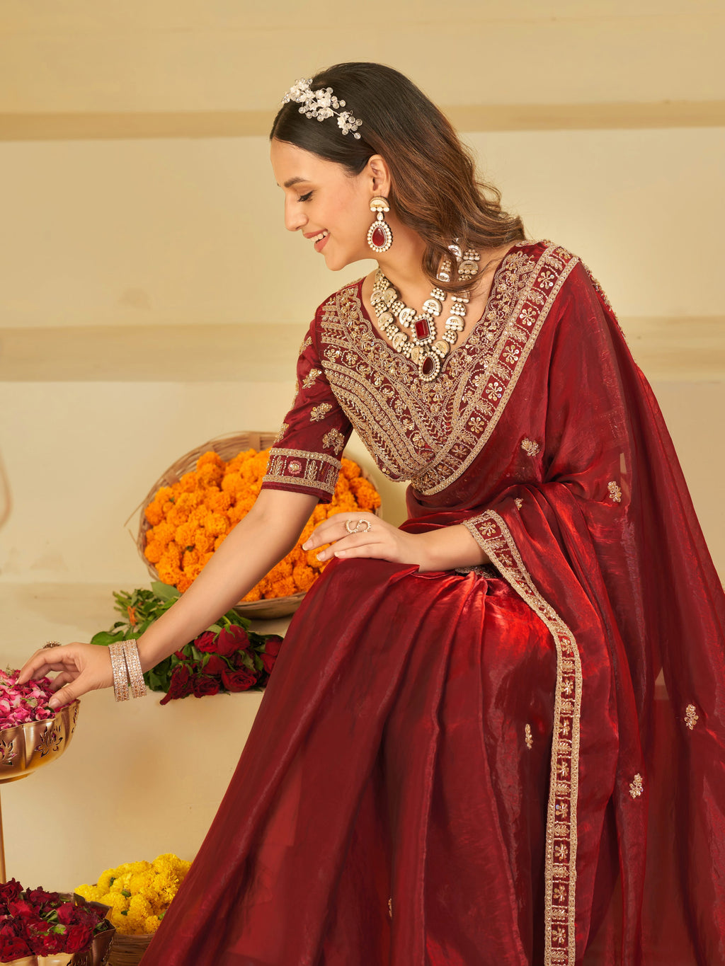 Wine Red Designer Fendy Satin Saree with Heavy Embroidered Blouse & Zari Border | Premium Wedding & Festive Wear Saree