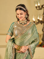 Sage Green Dual Tone Designer Fendy Satin Saree with Heavy Embroidered Blouse & Sequin Border | Premium Wedding Party Wear Saree