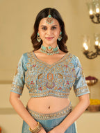 Sky Blue Designer Fendy Satin Saree with Heavy Embroidered Blouse & Stone Work Border | Premium Wedding Party Wear Saree