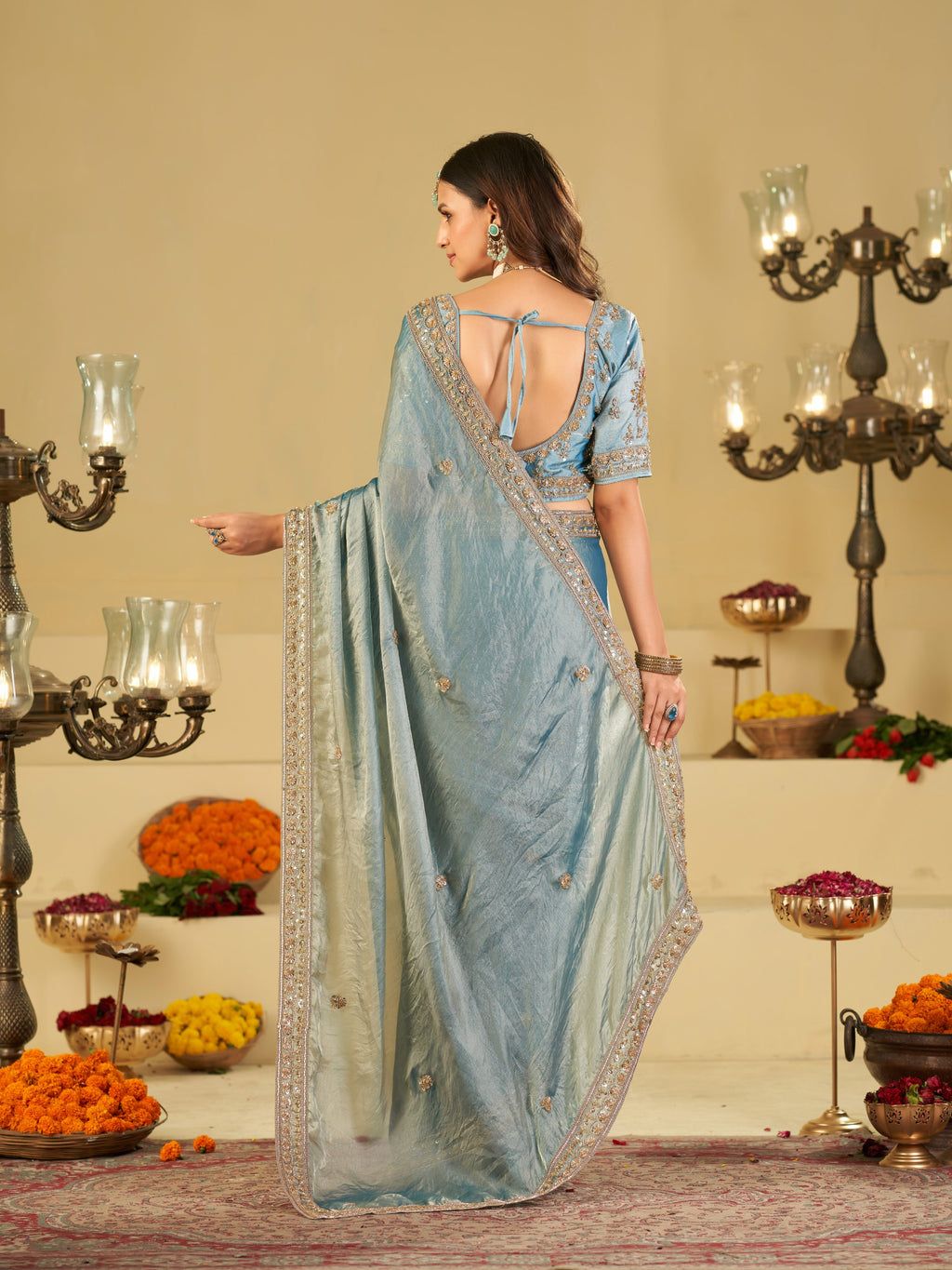 Sky Blue Designer Fendy Satin Saree with Heavy Embroidered Blouse & Stone Work Border | Premium Wedding Party Wear Saree