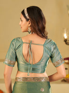 Sage Green Dual Tone Designer Fendy Satin Saree with Heavy Embroidered Blouse & Sequin Border | Premium Wedding Party Wear Saree
