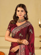 Wine Maroon Designer Fendy Satin Saree with Heavy Embroidered Border | Premium Festive Party Wear Saree with Elegant Embroidery & Matching Blouse